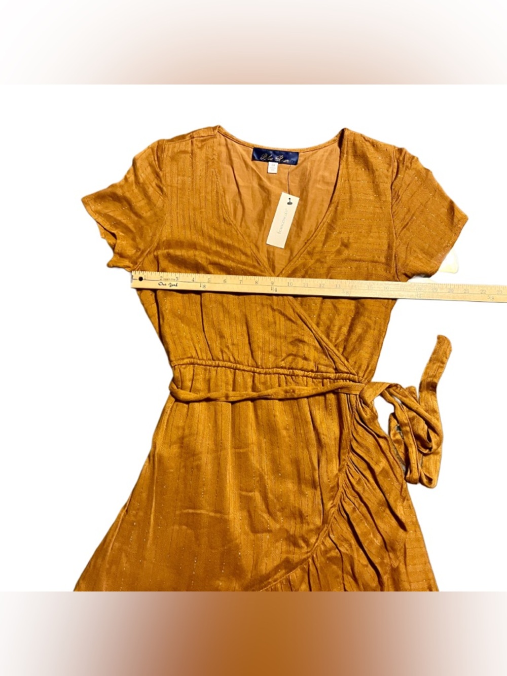 Francesca’s Blue Rain Rust Orange Faux Wrap Dress Elastic Waist Ruffle Hem Boho - Picture 8 of 9
